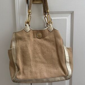 Tory Burch Channing Tote Bag – Natural Straw with Gold Metallic Trim